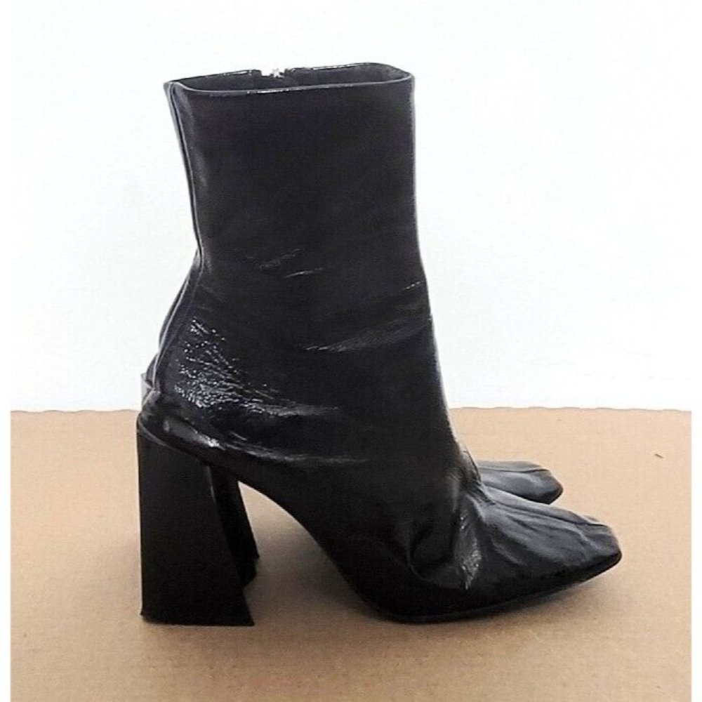 Topshop Black Patent Leather Boots Womens Size 38 Chunky Block Heel Retro - Picture 12 of 14